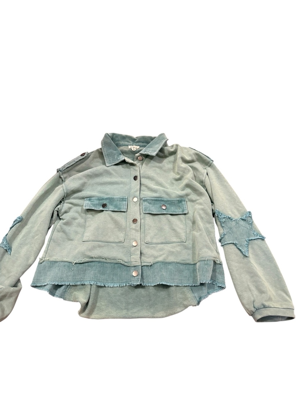 POL Clothing FKJ80 Star Patch Shacket S Sage Green Corduroy Distressed Jacket